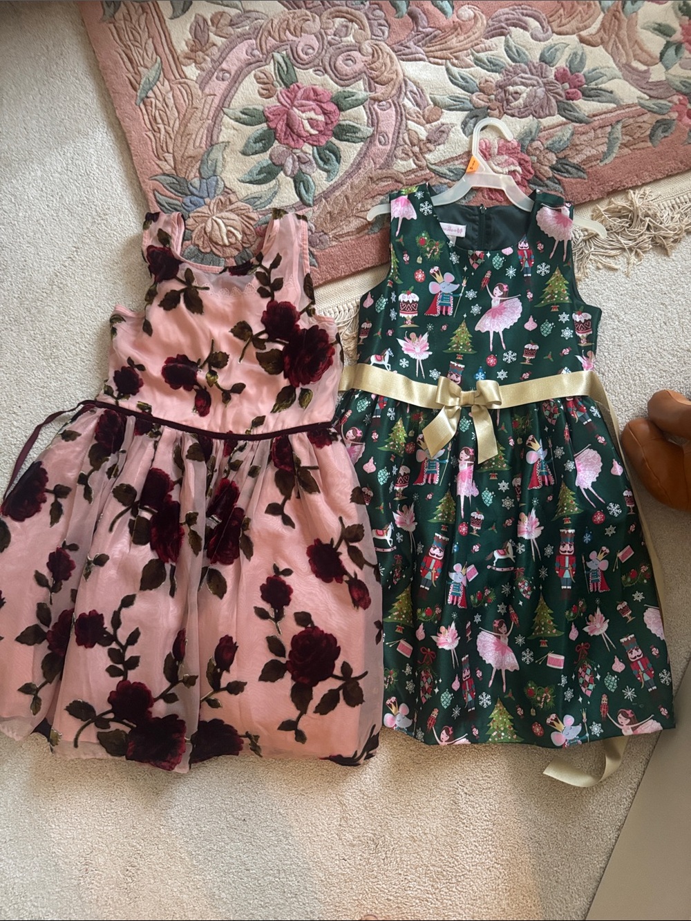 Bundle Zunie Pink Dress with Burgundy Floral Velvet Appliqué two pieces together